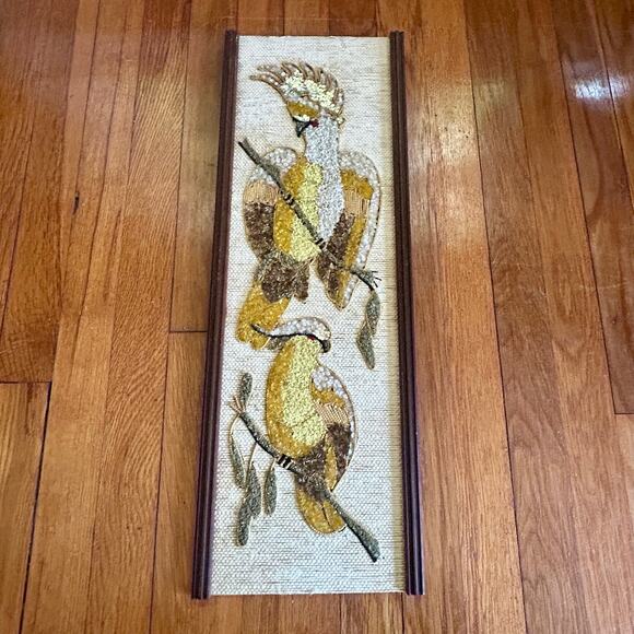 Vintage Burlap Wall Art with Birds – Mid Century Textured Wall Hanging - Picture 10 of 15